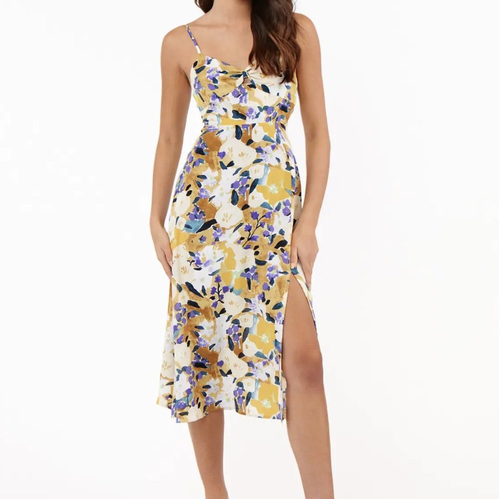 Yellow Floral Midi Dress - Size S